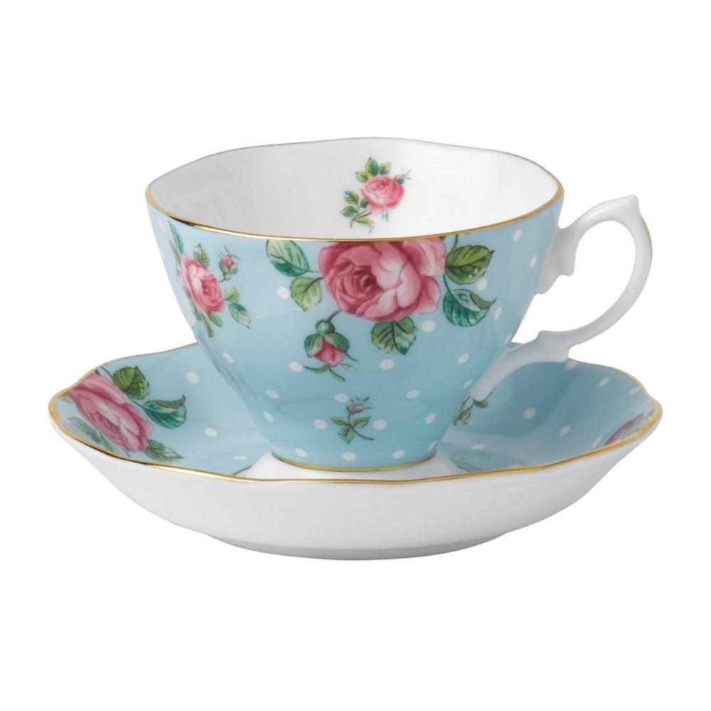 Wedgwood Royal Albert Polka Blue Vintage Teacup and Saucer  Vibrant and vivacious, Polka Blue is a beautiful new addition to the vintage patterns that have made Royal Albert famous the world over. Youthful and exuberant, this Formal Vintage Teacup and Saucer Boxed Set is charmingly fashioned in fine bone china, and combines classic form with intricate detailing, vibrant colours and a lustrous gold rim.