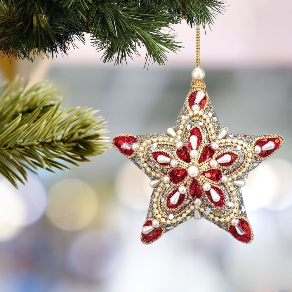 Kurt S Adler Ruby Platinum Christmas Star Hanging Ornament - Gold  Ruby and platinum hanging star ornaments from Kurt Adler are the perfect addition to your holiday décor or Christmas tree. The star shaped ornaments feature an intricate design created with pearls, beads, glitter and mica.