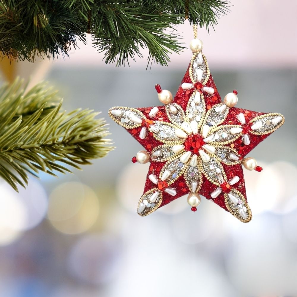 Kurt S Adler Ruby Platinum Christmas Star Hanging Ornament - Red  Ruby and platinum hanging star ornaments from Kurt Adler are the perfect addition to your holiday décor or Christmas tree. The star shaped ornaments feature an intricate design created with pearls, beads, glitter and mica.