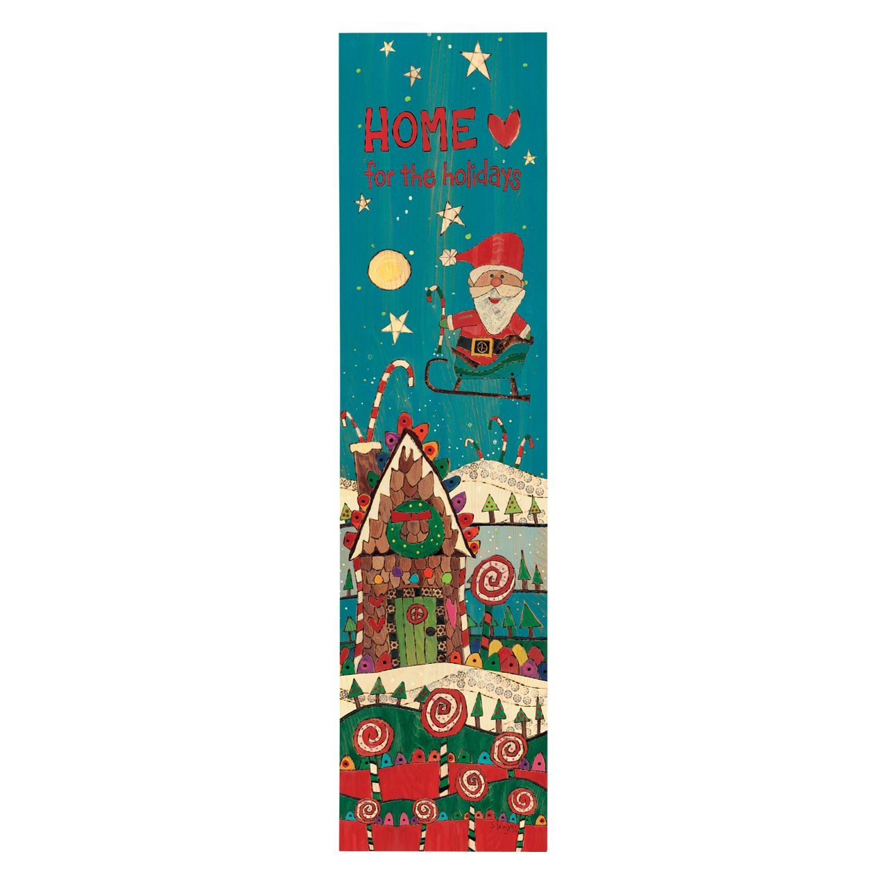 Stephanie Burgess Santa in Sleigh Porch Sign  Designed by Stephanie Burgess, each colourful piece in the collection has been designed to create feelings of peace and love in your home. This sign is made from wood and is suitable for outside use. The perfect gift for loved ones.