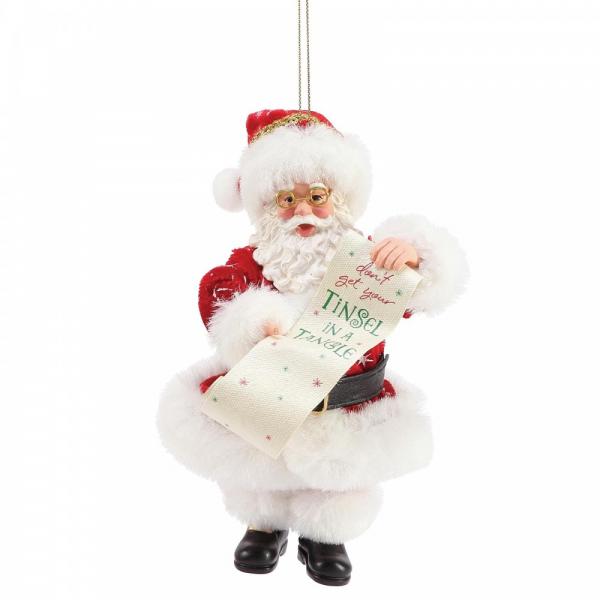 Santa Tinsel in a Tangle Hanging Christmas Ornament  This Clothtique hanging ornament captures Santa at his keenest. Bespectacled and bearing a long list labeled "Don't Get Your Tinsel in a Tangle"