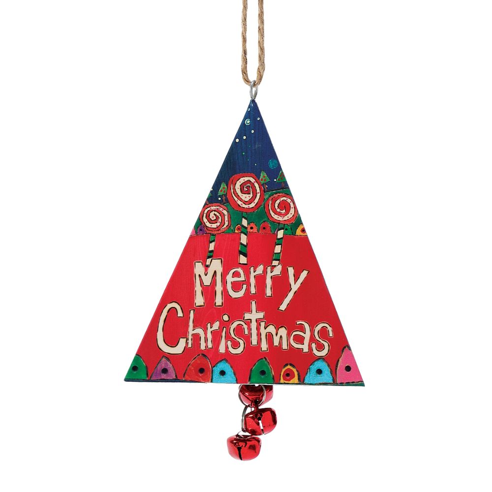 Santa Triangle Christmas Hanging Bell Ornament  Our newest collection; Painted Peace. Designed by Stephanie Burgess, each colourful piece in the collection has been designed to create feelings of peace and love in your home.