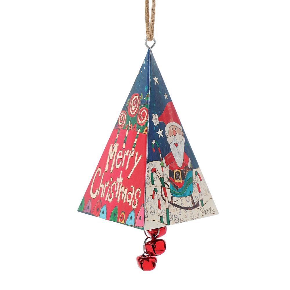 Santa Triangle Christmas Hanging Bell Ornament  Our newest collection; Painted Peace. Designed by Stephanie Burgess, each colourful piece in the collection has been designed to create feelings of peace and love in your home.