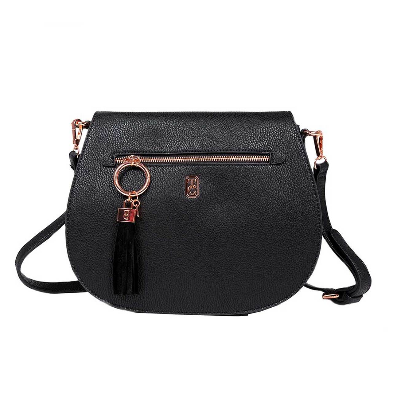 Tipperary Crystal Savoy Large Satchel Bag Black (Rose gold hardware)  This stylish new addition to our bag collection is proving to be very popular, with an outside zip compartment the Savoy bag is stylish and functional.