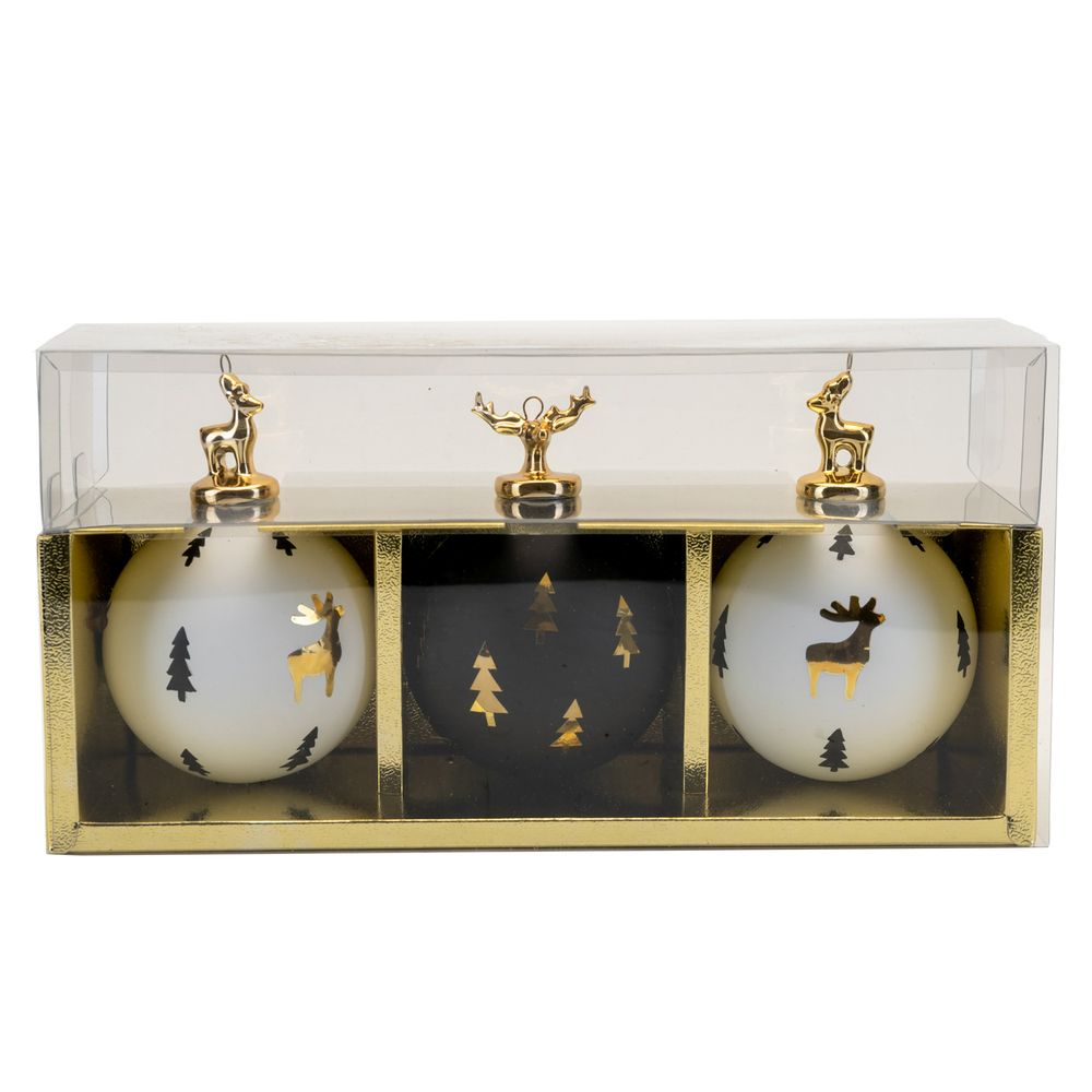 Set of 3 Glass Baubles White and Black Hanging Christmas Decoration  Enter a world of relaxation, luxury and sophistication with a Christmas so simple yet tasteful. 