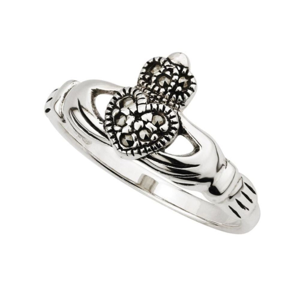Solvar Claddagh Ring Silver Marcasite  This Claddagh ring has been crafted by our expert designers from sterling silver and marcasite for extra shine and sparkle. The Claddagh in this ring is intertwined with Irish heritage, and represents love (heart), friendship (hands) and loyalty (crown).
