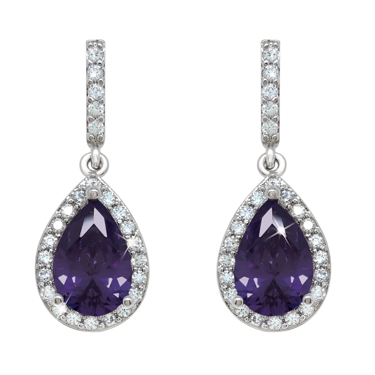 Tipperary Crystal Silver Pear Shape Earrings - Purple  Elegant and dramatic, these exquisite drop earrings are sure to be a favourite. Shimmering with beauty and sophistication they are created in timeless silver. Each dazzling design glistens endlessly with a sparkling pear-shaped centre stone bordered with a halo frame of luminous clear crystals accents.