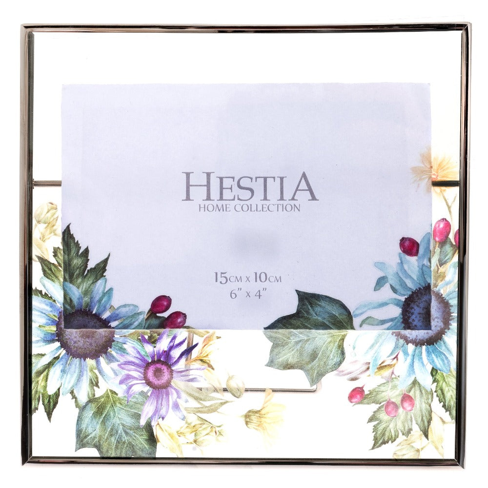 Silver Plated Floral Print Glass Photo Frame 6" x 4"  An elegant silver-plated photo frame with floral print glass. From the Nature Trail collection by HESTIA® - bring some subtle Spring vitality to your home.