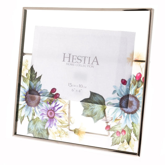 Silver Plated Floral Print Glass Photo Frame 6" x 4"  An elegant silver-plated photo frame with floral print glass. From the Nature Trail collection by HESTIA® - bring some subtle Spring vitality to your home.