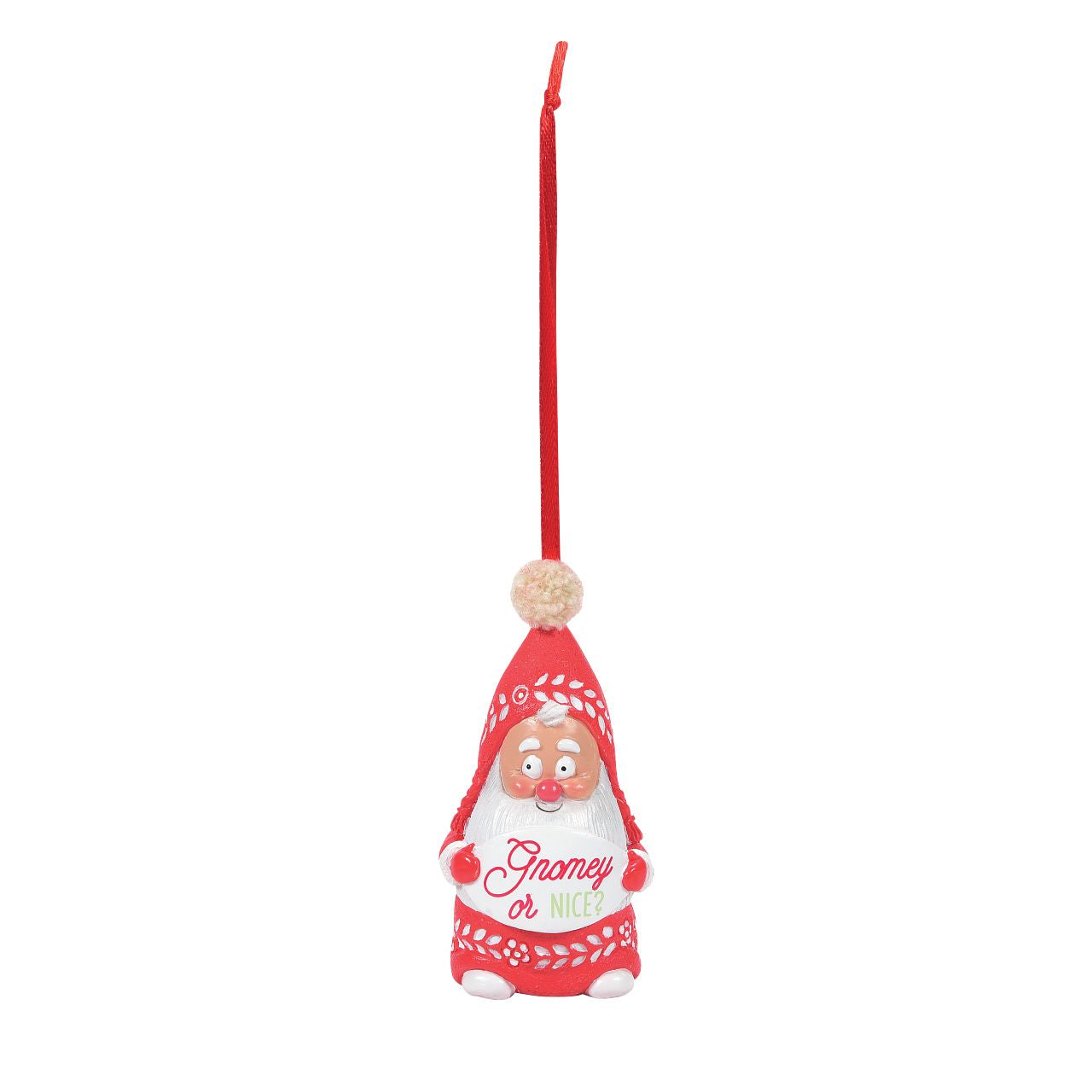 Department 56 Snowpinions Snow Gnome Gnomey or Nice Hanging Ornament  Are you on Santa's nice list this year? This Snow Gnome wants to know. He is hand crafted from high quality cast stone, hand painted by our skilled artists and then topped with a real pom pom. Hanging from a festive red ribbon, he is the perfect accessory to any Christmas Tree.