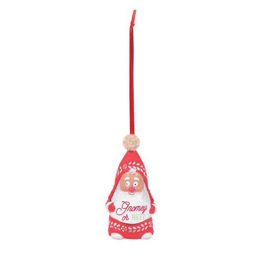 Department 56 Snowpinions Snow Gnome Gnomey or Nice Hanging Ornament  Are you on Santa's nice list this year? This Snow Gnome wants to know. He is hand crafted from high quality cast stone, hand painted by our skilled artists and then topped with a real pom pom. Hanging from a festive red ribbon, he is the perfect accessory to any Christmas Tree.