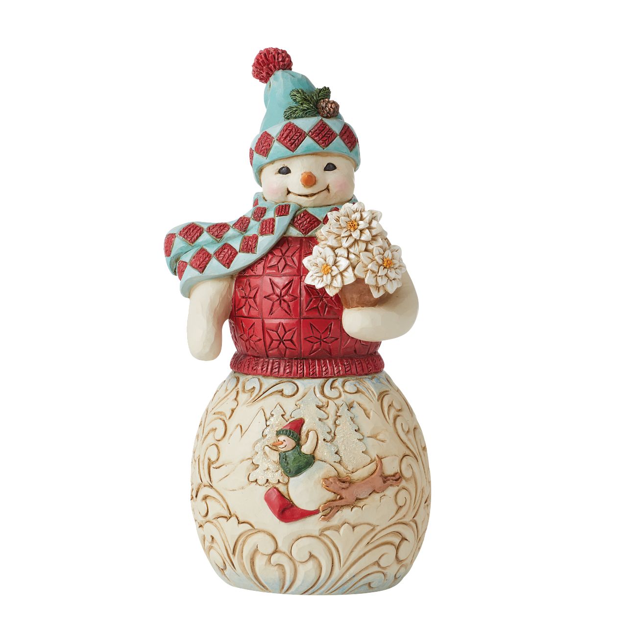 Winter Wonderland Collection Snowman with Sledding Scene Figurine  Winter Wonderland Collection; Bright jewel tones, metallic shimmering and pearlized finishes and coloured glitter accents. This beautiful glittering Snowman has a delightful scene on his belly and will brighten any room.