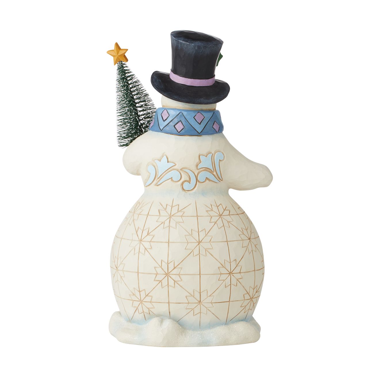 Snowman with Tree Figurine Heartwood Creek Collection  Traditional Heartwood Creek Collection; Wood carved textures and intricately detailed designs. Unique, sometimes surprising combinations of colours - often incorporating a touch of Jim's favourite colour - purple. Here this snowman cosy in his Blue and Purple Scarf looks delighted for the forthcoming festivities.