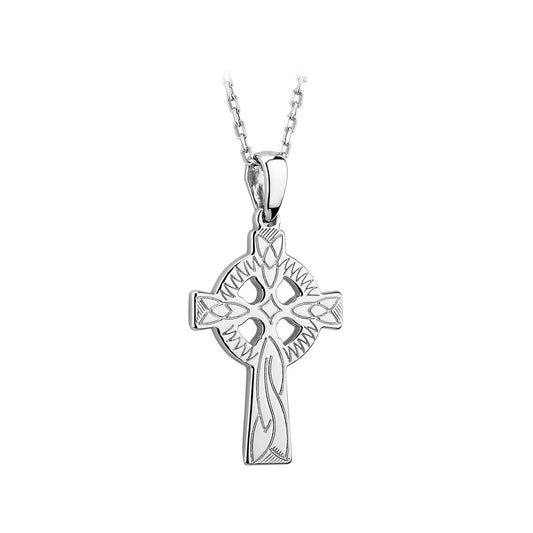 Silver Engraved Celtic Cross Pendant  One legend tells how St Patrick saw a pagan standing stone imprinted with a circle, the symbol of the moon goddess. He is said to have blessed the stone, marking it with a Latin cross - thus creating the first Celtic Cross. This sterling silver Celtic cross has been hand engraved and pays tribute to our precious heritage of Ireland. Irish hallmarked in the Assay office at Dublin Castle.