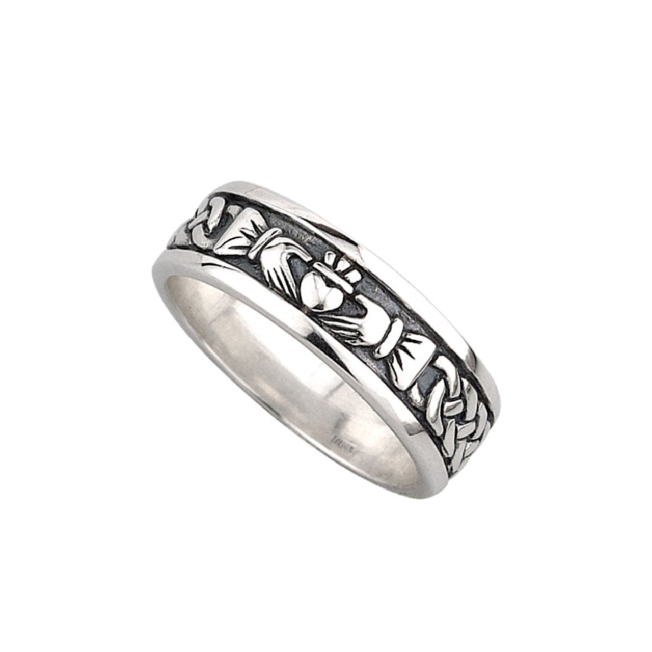 Solvar Oxidised Silver Claddagh Band  This striking sterling silver ring for gentlemen is made from oxidised silver giving it a contemporary “blackened” look. It features the Claddagh at the centre of the band, an emblem of love and eternal devotion with its symbols representing love (heart), friendship (hands) and loyalty (crown). This oxidised Claddagh ring has been Irish hallmarked in Dublin Castle.
