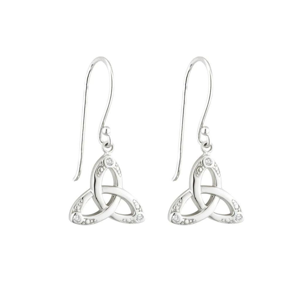 Solvar Acara Sterling Silver Crystal Trinity Knot Drop Earrings  These precious sterling silver drop earrings feature the iconic Trinity Knot, and have been Irish hallmarked in Dublin Castle. The Trinity Knot dates back to monks who worked devotedly to illustrate the gospels, with the circular design (with no beginning and no end) representing eternal life and endless love.