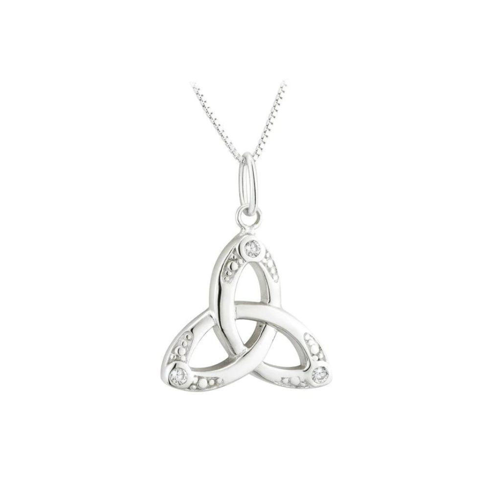 Solvar Acara Sterling Silver Crystal Trinity Knot Pendant  A classic Trinity Knot pendant made of sterling silver, featuring the iconic Trinity Knot Celtic symbol. Legend has it that monks used to work tirelessly to illustrate the gospels, and the result is this beautiful Trinity knot. The pendant has no beginning and no end, signifying eternal life and endless love. It has been Irish hallmarked in Dublin Castle.