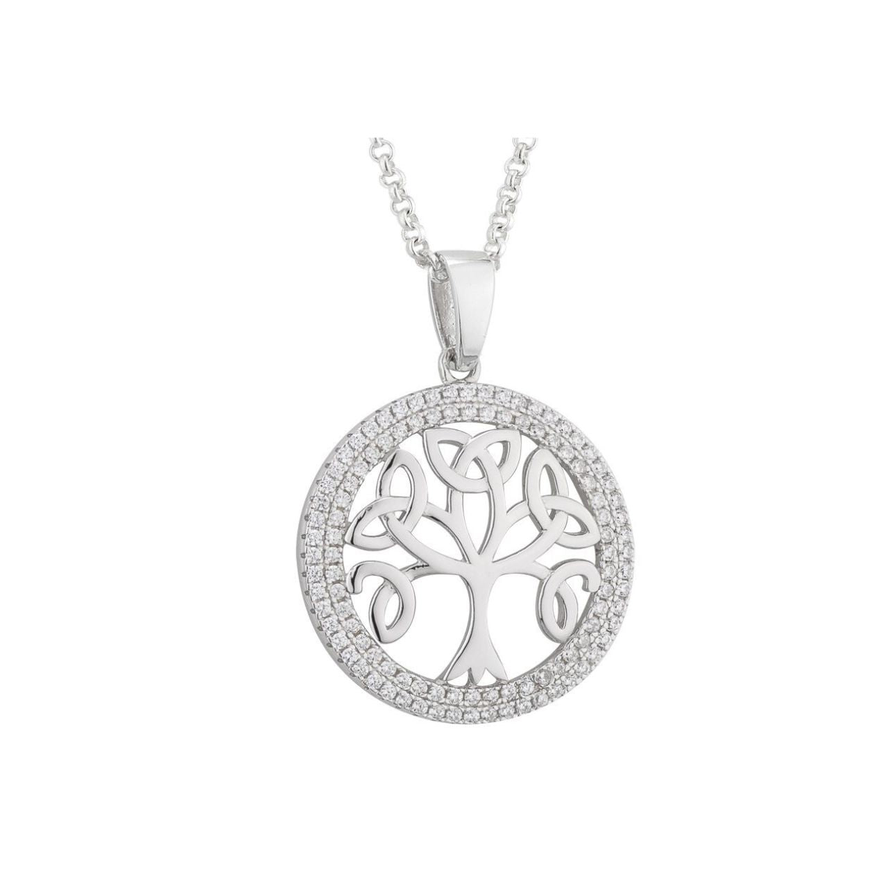 Sterling Silver Cubic Zirconia Tree of Life Necklace  The Tree of Life on this sterling silver pendant dates back to the ancient Celts who believed that trees were the source of all life. Today, the Tree of Life symbolises the Celtic family tree, with the roots representing the beginning of the family, and the outer ring of this sterling silver pendant signifying the circle of the family.