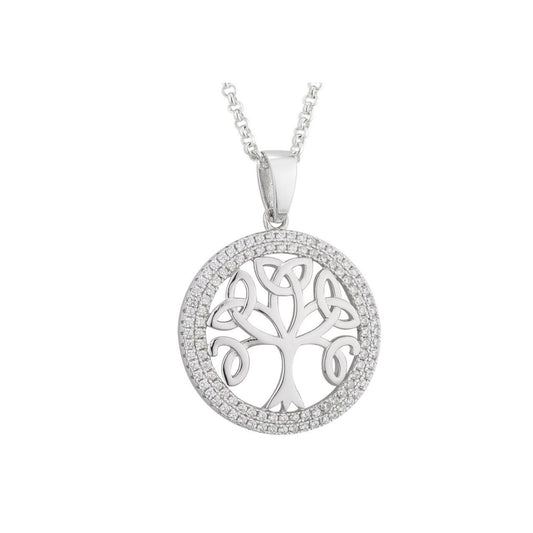 Sterling Silver Cubic Zirconia Tree of Life Necklace  The Tree of Life on this sterling silver pendant dates back to the ancient Celts who believed that trees were the source of all life. Today, the Tree of Life symbolises the Celtic family tree, with the roots representing the beginning of the family, and the outer ring of this sterling silver pendant signifying the circle of the family.