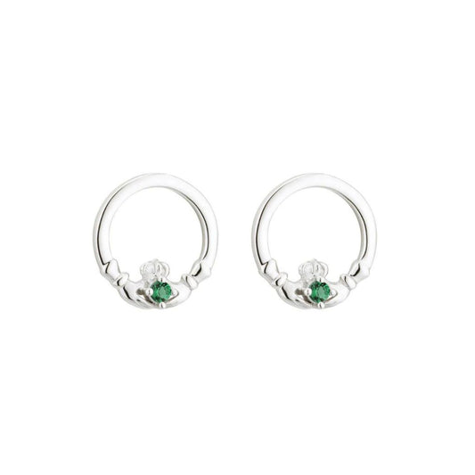 Solvar Acara Sterling Silver Green Crystal Claddagh Stud Earrings  Solvar Irish Hallmarked Sterling Silver Claddagh Earrings with Green CZ Stone