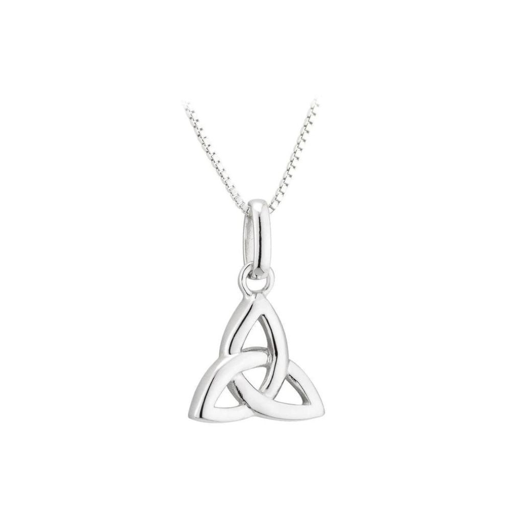 Solvar Acara Sterling Silver Trinity Knot Pendant - Small  A classic Trinity Knot pendant made of sterling silver, featuring the iconic Trinity Knot Celtic symbol. Legend has it that monks used to work tirelessly to illustrate the gospels, and the result is this beautiful Trinity knot. The pendant has no beginning and no end, signifying eternal life and endless love. It has been Irish hallmarked in Dublin Castle.