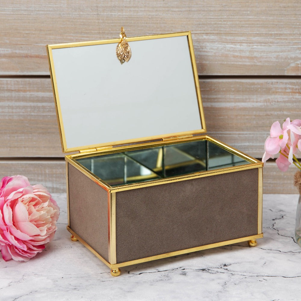 Sophia Grey Jewellery Box with Gold Leaf Detail - Small  Store jewellery or trinkets in style with this elegant gold metal and grey faux suede jewellery box. From SOPHIA® Ladies Gifts - the home of sophistication in women's giftware.