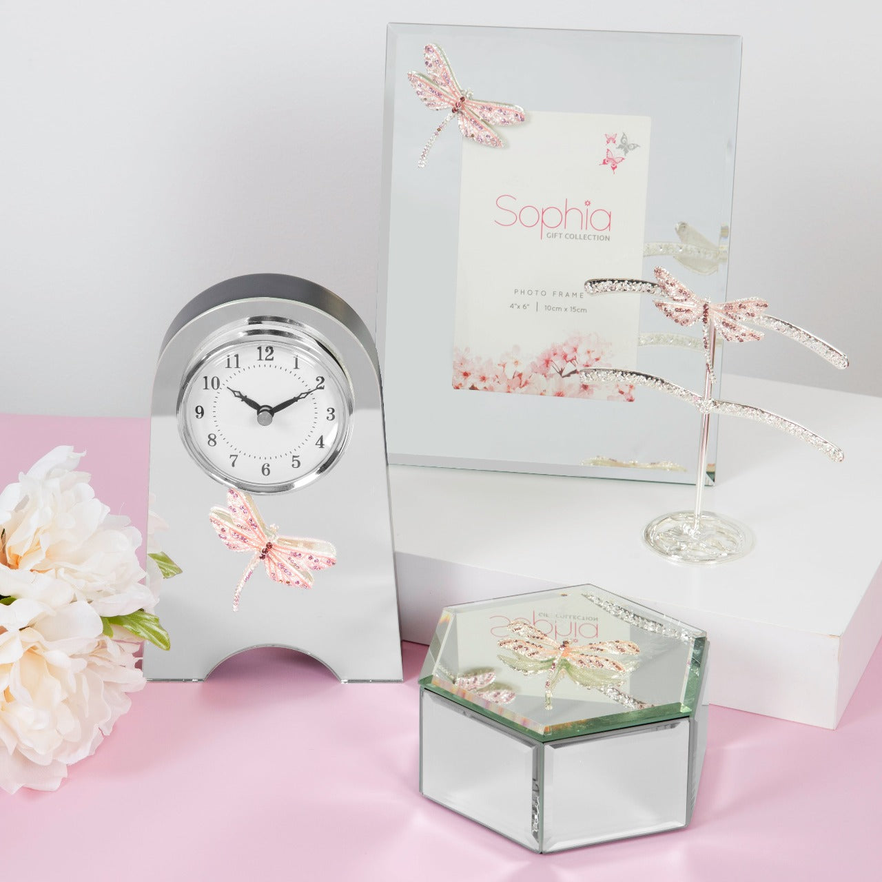 Sophia Pink Crystal Dragonfly Glass Photo Frame 5" x 7"  Give a precious memory a chance to shine with this delicate pink crystal dragonfly 5" x 7" photo frame. From the SOPHIA® Classic Collection - Home of sophistication in women's giftware.
