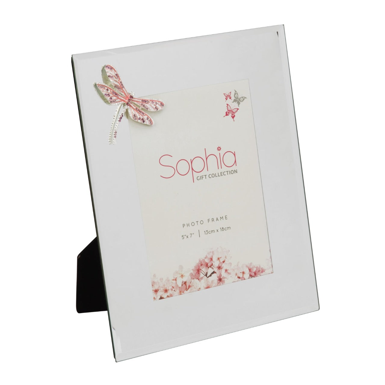 Sophia Pink Crystal Dragonfly Glass Photo Frame 5" x 7"  Give a precious memory a chance to shine with this delicate pink crystal dragonfly 5" x 7" photo frame. From the SOPHIA® Classic Collection - Home of sophistication in women's giftware.