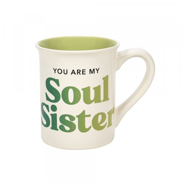 Soul Sister Mug  Grab your favourite drink and your 'Soul Sister' and you have the recipe for the perfect cup of tea and a chat. 'You are my Soul Sister' with green ombre lettering sits on the front of the mug with the back message reading 'Even when some things aren't always sure, I am sure that we were meant to be in each others lives.' 