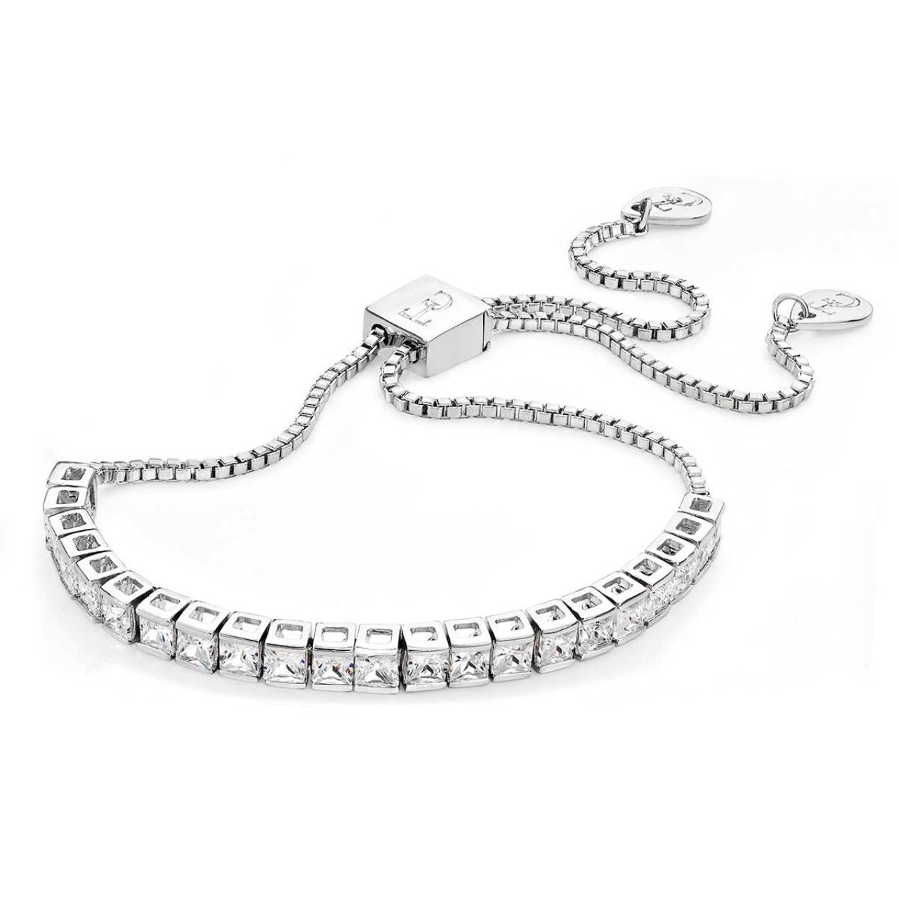 Tipperary Crystal Square Tennis Bolo Bracelet Silver  Twenty-two square claw set Crystals adorn this stunning bracelet. This bracelet comes in Silver and Rose Gold. It secures with a bolo clasp which slides up and down the box chain and features two TC Fobs to ﬁnish.