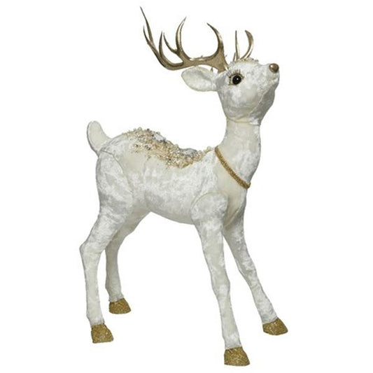 Standing Velvet Deer Glitter & Pearls   Transform your home with this white and gold velvet deer with pearls and diamond decoration. A stunning addition to your Christmas Scene.
