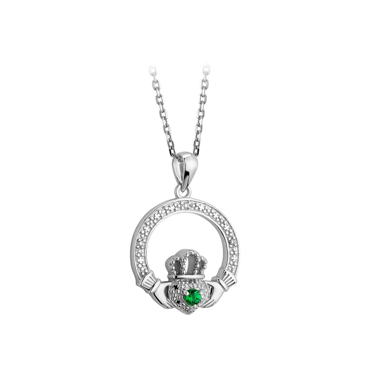 Silver Crystal Illusion Claddagh Necklace  This sterling sliver Claddagh necklace is decorated with white crystals and completed with a vibrant green crystal at the heart. Claddagh jewellery is a perfect gift for loved ones and friends, as The Claddagh heart represents love, the hands symbolise friendship, and the crown stands for loyalty.