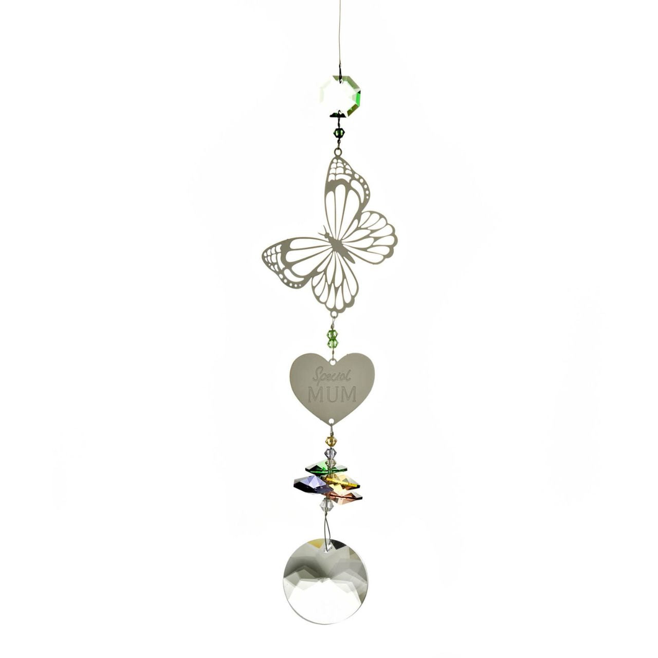 Suncatcher The Cottage Garden Crystal Hanger Butterfly "Mum"  A butterfly crystal hanger from The Cottage Garden by CELEBRATIONS®.  This wonderfully decorated crystal hanger is a heartfelt dedication to mothers.