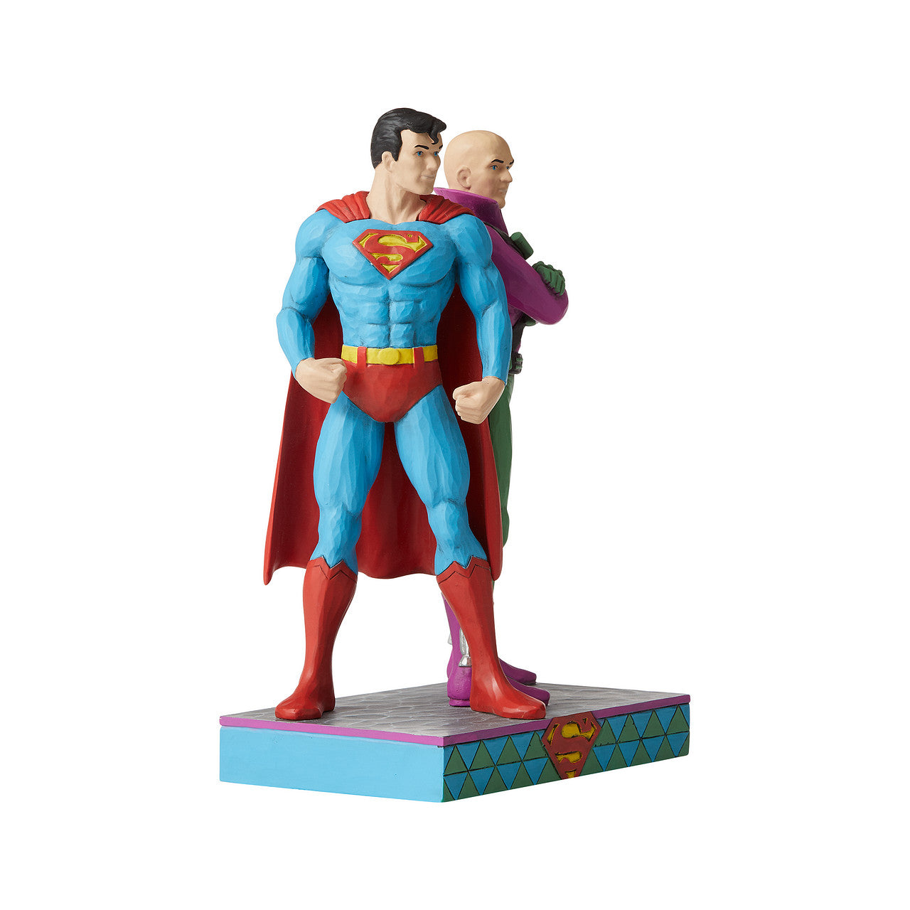 Jim Shore Superman and Lex Luthor Figurine  Jim Shore celebrates Superman and Lex Luther back to back in his signature wood carved look and folk art styling. Sure to be a treasured gift across the generations.