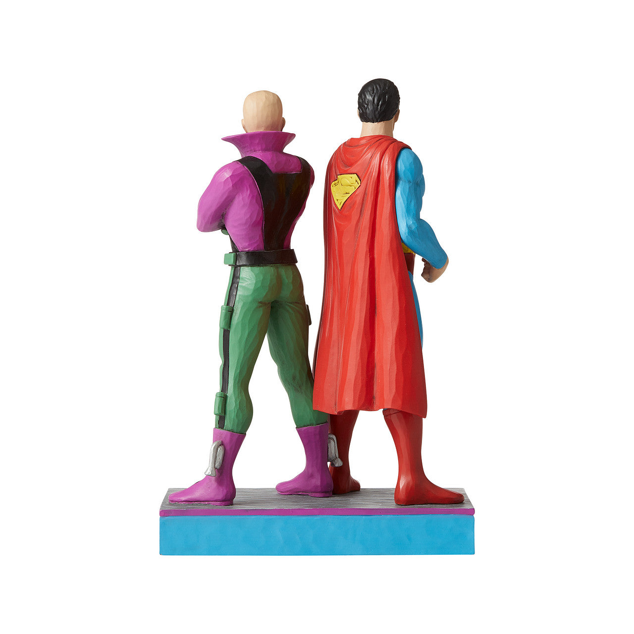 Jim Shore Superman and Lex Luthor Figurine  Jim Shore celebrates Superman and Lex Luther back to back in his signature wood carved look and folk art styling. Sure to be a treasured gift across the generations.
