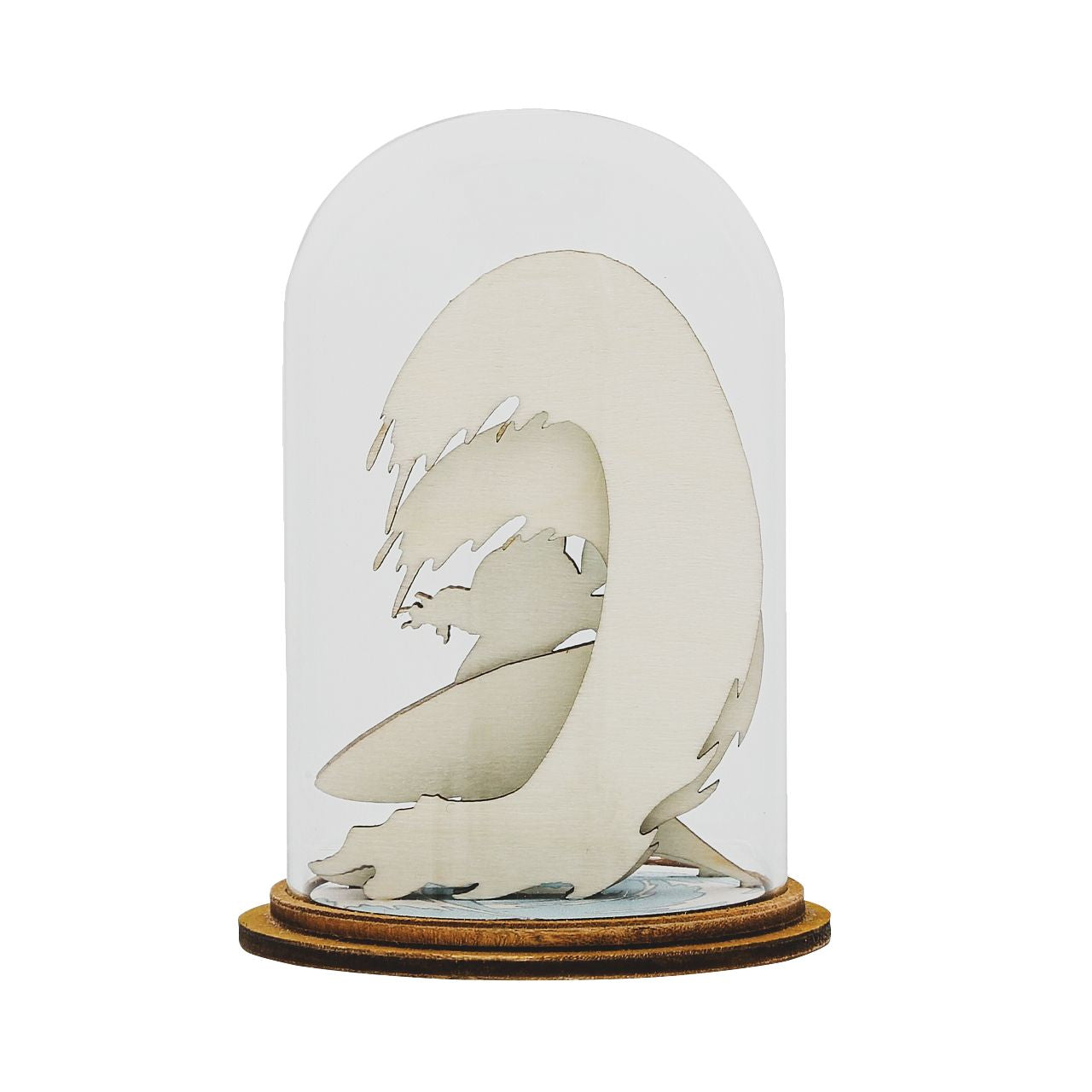 Disney Surf Fun Stitch Figurine Kloche  This beautifully layered figurine makes you feel that you are right there catching a wave with Stitch himself. Perfect keepsake for any Lilo and Stitch fan. This classic, decorative Kloche will make a stunning display in any home. Material: Glass with a wooden base. Packaging: Presented in a branded unique giftbox.