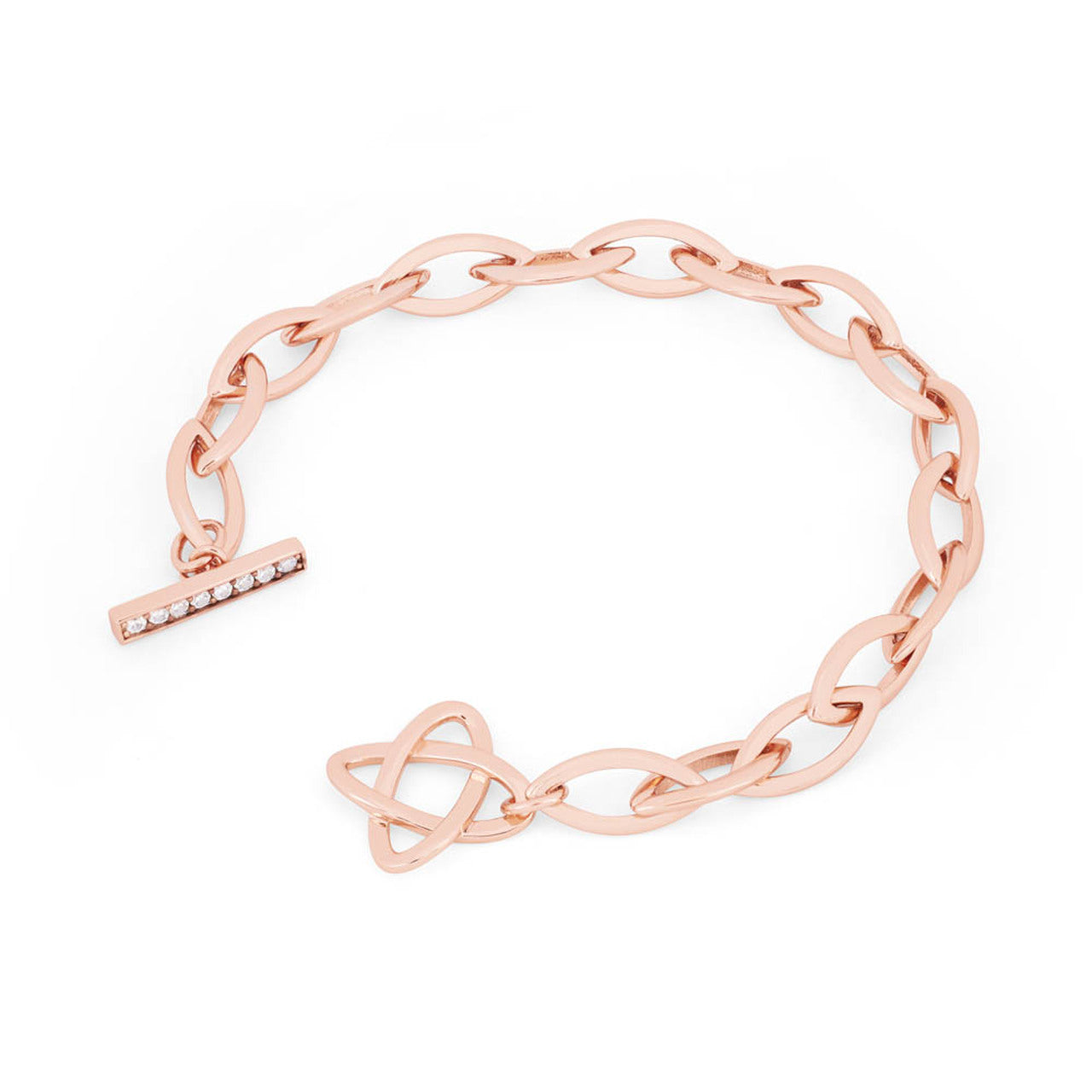 T-Bar Leaf Chain Bracelet Rose Gold by Tipperary  The chain on this magnificent bracelet emulates a Leaf shape, crafted from Rose gold and finsihed off with a Crystal inlaid Bar that acts as the closing mechanism. A real classic.