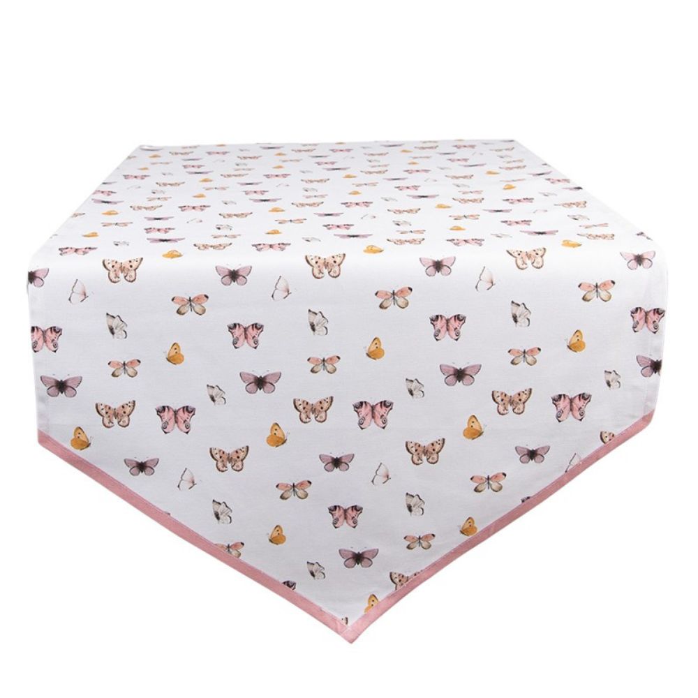 Clayre & Eef Beige Pink Cotton Table Runner Butterflies 150 x 150 cm  When we think of the Summer, we think of colourful butterflies. This cute and very extensive collection features a pattern with a range of different and cheerful butterflies. The pink contrast colour completes the entire image.