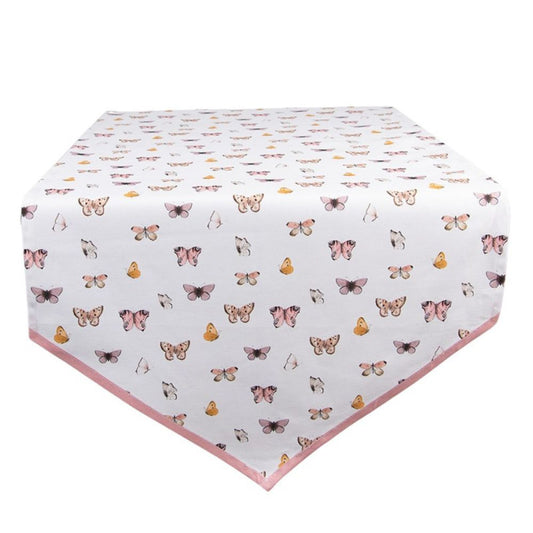 Clayre & Eef Beige Pink Cotton Table Runner Butterflies 50 x 160 cm  Beautiful, decorative, colourful cotton table runner, with a pattern of butterflies, in a romantic style. Tablecloth  When we think of the Summer, we think of colourful butterflies. This cute and very extensive collection features a pattern with a range of different and cheerful butterflies.