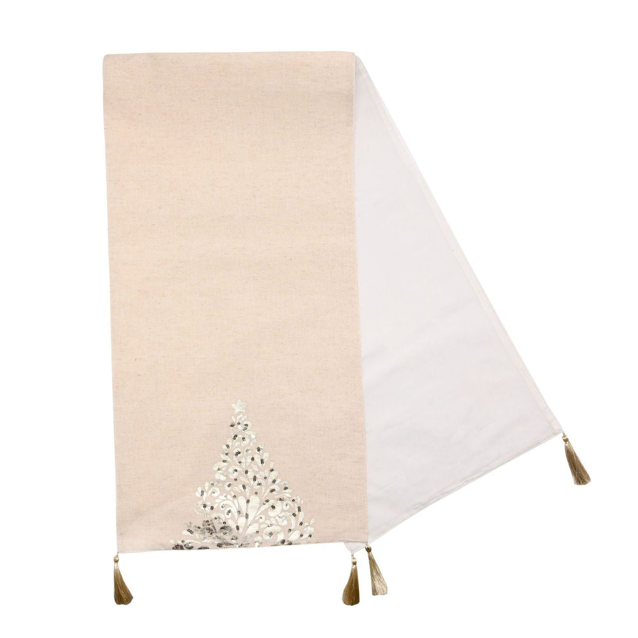 Natural Table Runner with Gold Christmas Tree Design  A natural table runner with gold Christmas tree.  This delightful table runner will enhance dining tables throughout the festive period.
