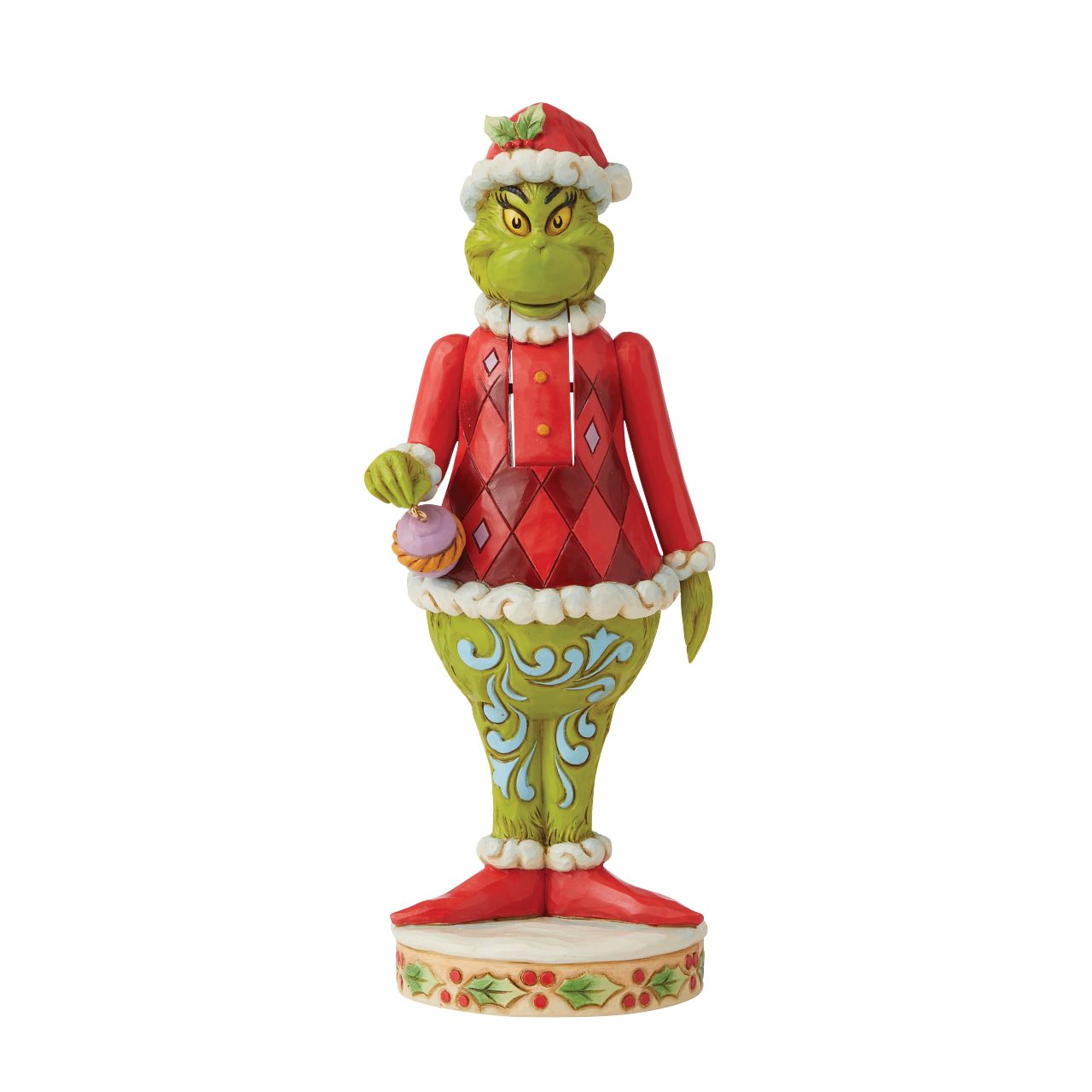 Grinch Nutcracker Figurine - The Grinch by Jim Shore  Marrying two beloved holiday figures, Jim Shore creates a Grinch Nutcracker that captures the grump in all his glory. With holly brimmed in his Santa hat, no one dares kiss this Christmas curmudgeon for fear of being cracked across the face.