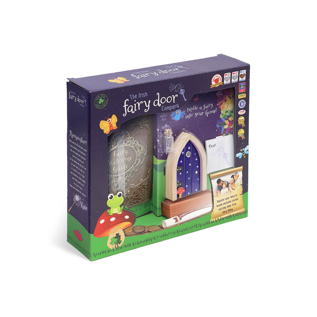 The Irish Fairy Door Navy Door by Tipperary Crystal  Invite a fairy into your home with our beautiful range of high quality, wooden fairy doors!  Each fairy door comes with a magic key in a bottle, three stepping stones, the Family / Fairy Lease Agreement, a notepad for your fairy and the Fairy Welcome Guide – all you need to help settle your fairy into their new human home! 