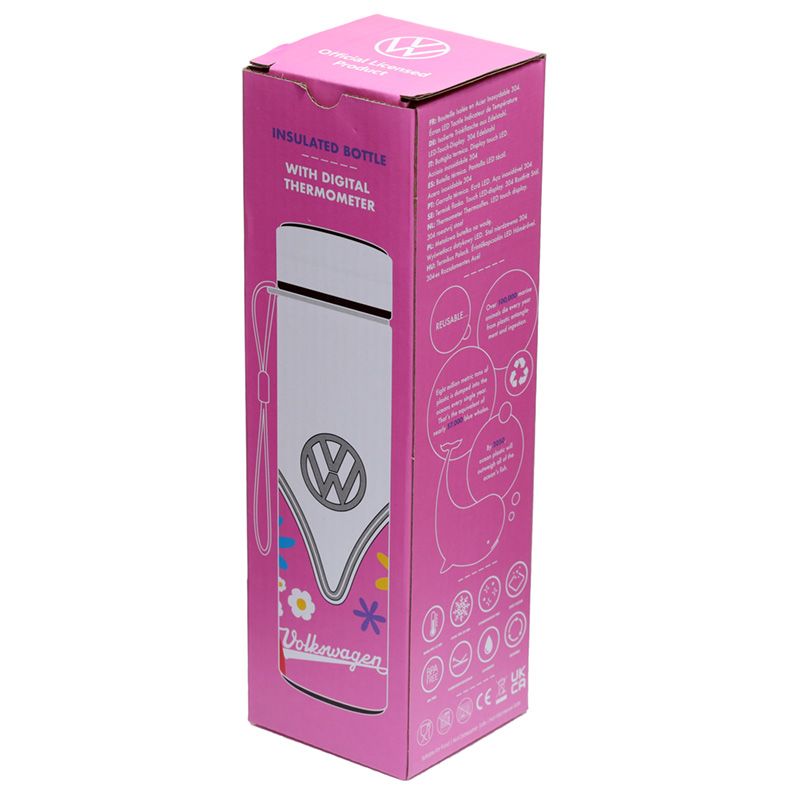 Volkswagen VW T1 Camper Bus Summer Love Thermal Drinks Bottle Digital Thermometer  Suitable for hot and cold drinks. Keeps liquids cold for up to 24 hours or warm for up to 6 hours. There is a removable tea strainer that sits in the top for loose tea leaves. Also comes with a handy strap. Volkswagen VW T1 Camper Bus Summer Love Reusable Stainless Steel Hot & Cold Thermal Insulated Drinks Bottle Digital Thermometer 450ml