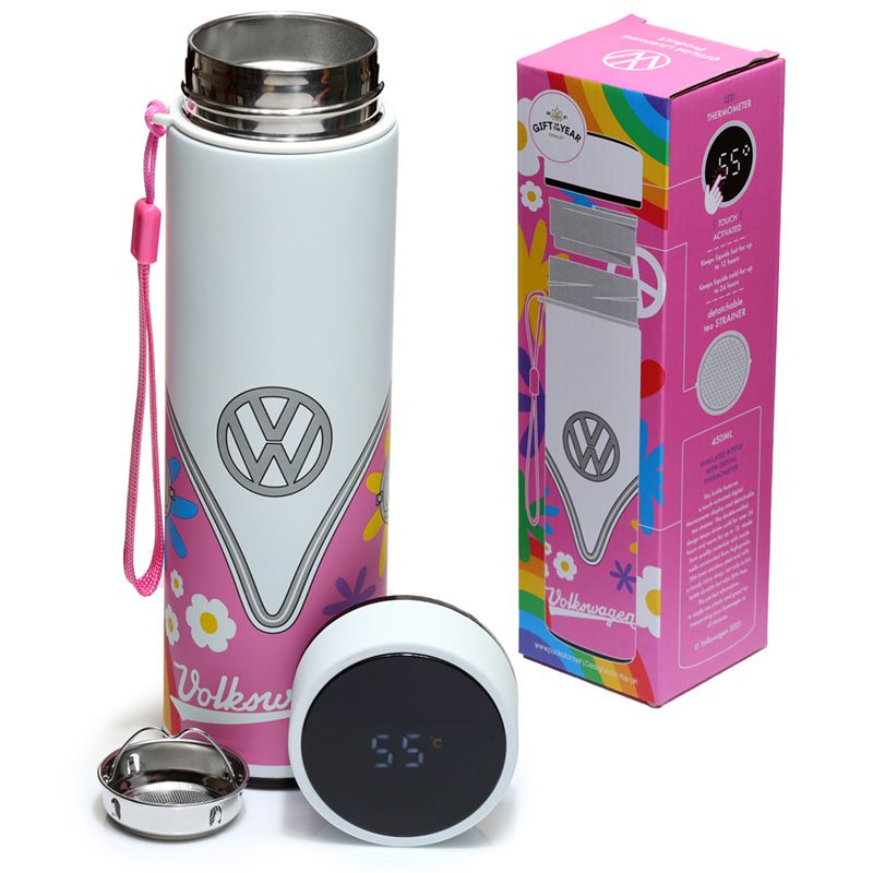 Volkswagen VW T1 Camper Bus Summer Love Thermal Drinks Bottle Digital Thermometer  Suitable for hot and cold drinks. Keeps liquids cold for up to 24 hours or warm for up to 6 hours. There is a removable tea strainer that sits in the top for loose tea leaves. Also comes with a handy strap. Volkswagen VW T1 Camper Bus Summer Love Reusable Stainless Steel Hot & Cold Thermal Insulated Drinks Bottle Digital Thermometer 450ml