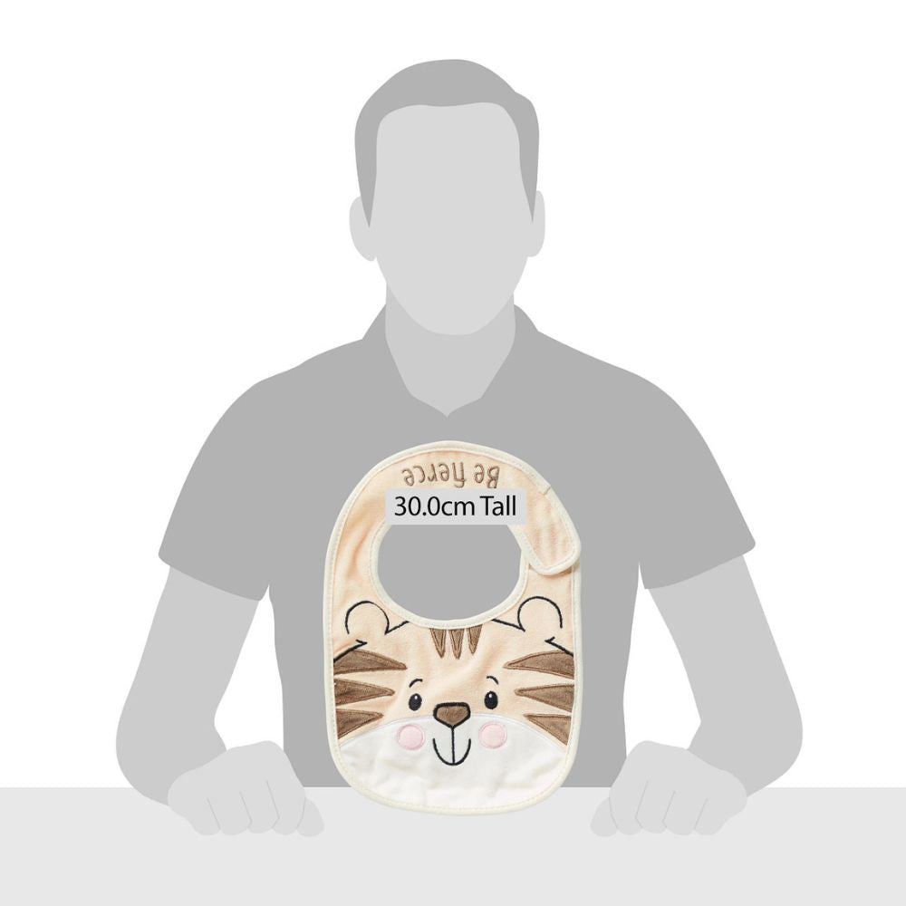 Izzy and Oliver Baby Collection Tiger Baby Bib  This super soft and super cute Tiger bib is perfect for little ones. Featuring a fierce Tiger face that is embroidered for safety, Velcro fastening for easy wear and made from 100% cotton, it can be machine washed.