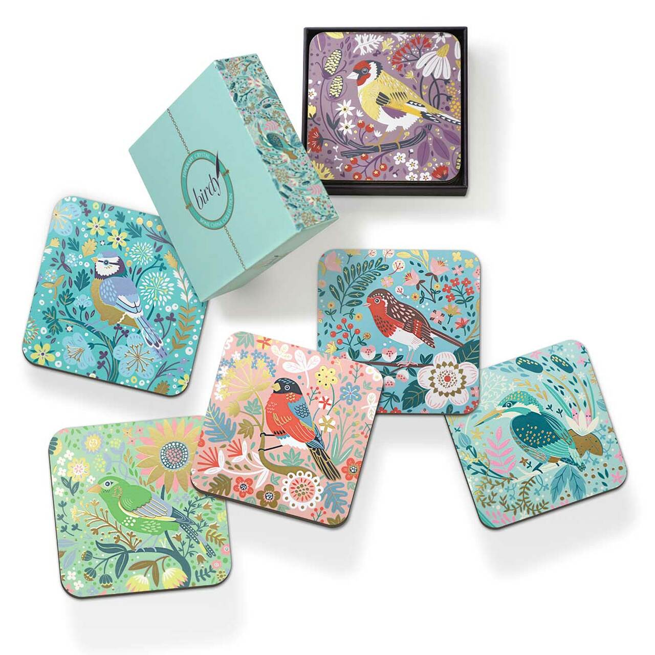 Tipperary Birdy Coasters Set of 6  The Birdy Collection is a series of 6 exclusively commissioned illustrations inspired by native Irish birds; Bullfinch, Goldfinch, Blue tit, Greenfinch, Kingfisher and Robin.