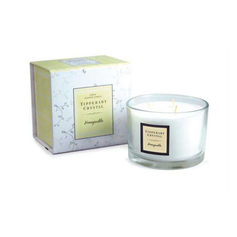 Tipperary Crystal Honeysuckle 3 Wick Candle Our luxurious range of fragranced candles are hand poured and hand finished using a natural blend of wax and a lead-free cotton braided wick to ensure a clean, toxin-free burn in your home. Each fragrance is made using the essence of essential oils.