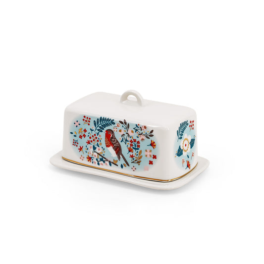 Tipperary Crystal Birdy Butter Dish - New 2022  New to our collection, this birdy butter dish come beautifully illustrated and presented in a rigid Tipperary Crystal gift box. Makes a wonderful gift to be enjoyed.  The Birdy Collection is a series of 6 exclusively commissioned illustrations inspired by native Irish birds; Bullfinch, Goldfinch, Blue tit, Greenfinch, Kingfisher and Robin.