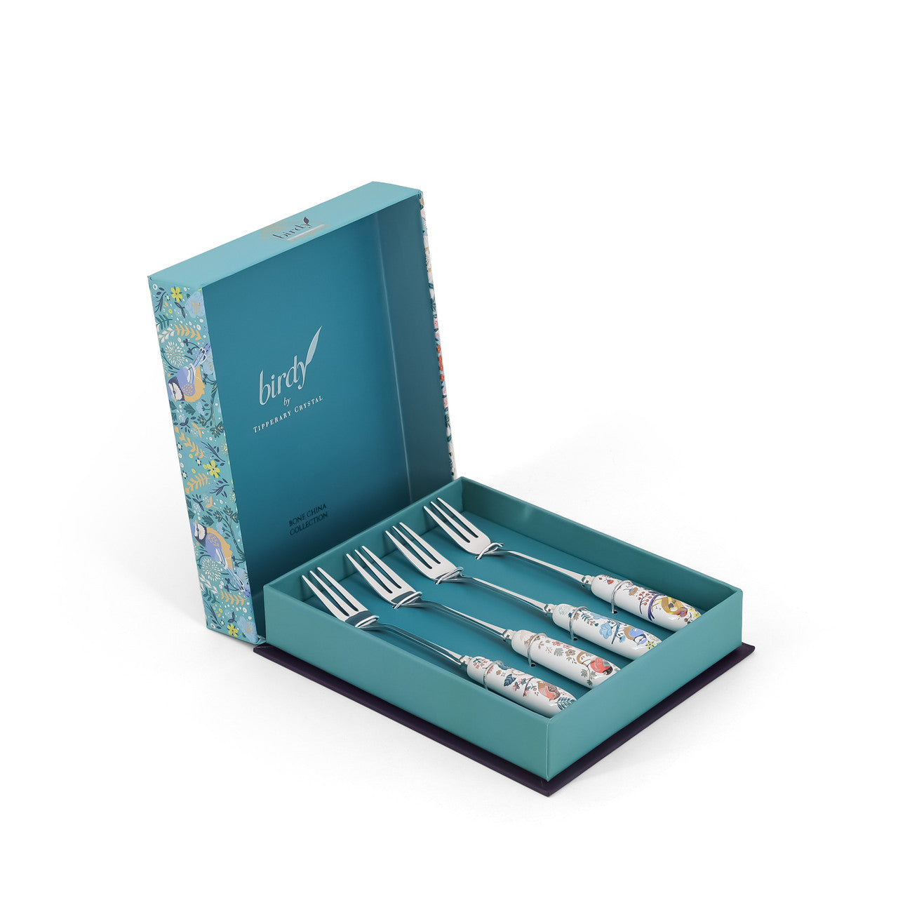 Tipperary Crystal Birdy Dessert Forks - New 2022  New to our collection, these birdy desert forks come beautifully illustrated and presented in a rigid Tipperary Crystal gift box. Makes a wonderful gift to be enjoyed.  The Birdy Collection is a series of 6 exclusively commissioned illustrations inspired by native Irish birds; Bullfinch, Goldfinch, Blue tit, Greenfinch, Kingfisher and Robin.