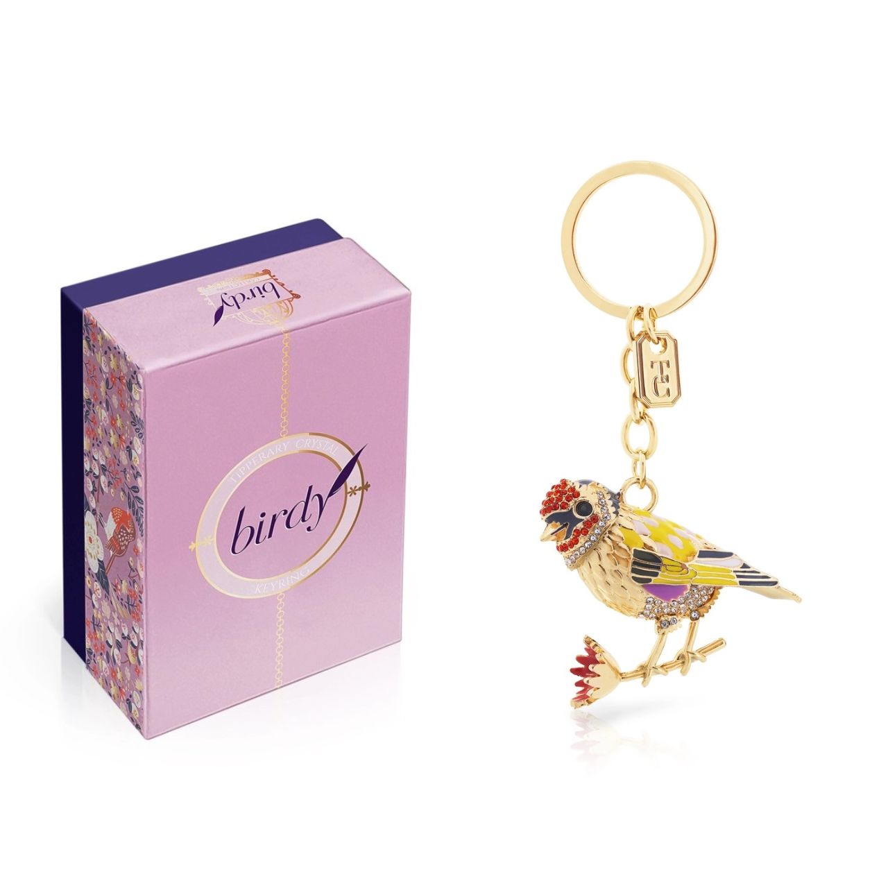 Tipperary Crystal Birdy Keyring - Goldfinch  The Birdy Collection is a series of 6 exclusively commissioned illustrations inspired by native Irish birds; Bullfinch, Goldfinch, Blue tit, Greenfinch, Kingfisher and Robin.